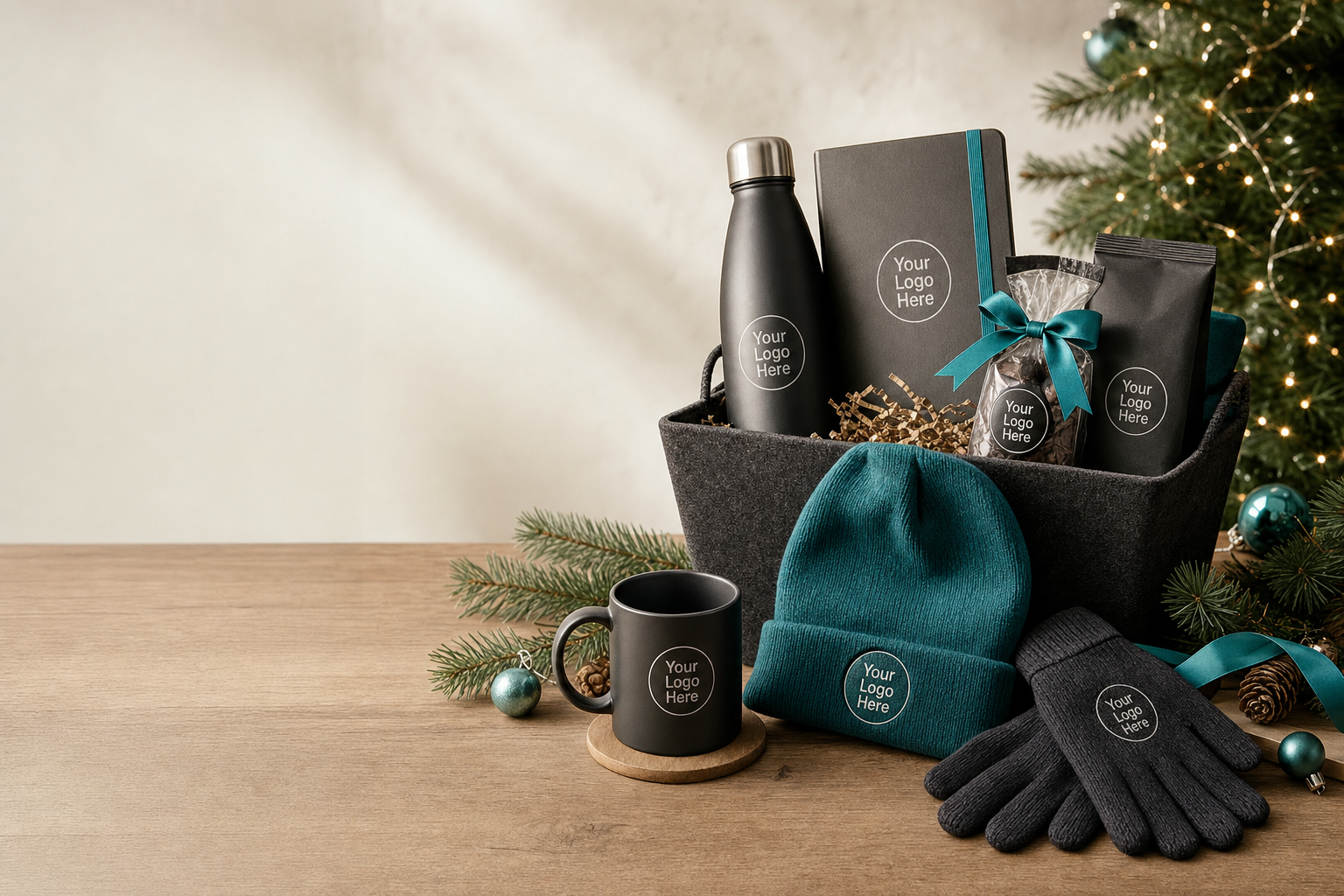 Festive branded hamper, winter scarf and branded mug arranged on a desk with subtle company logo and seasonal decorations.