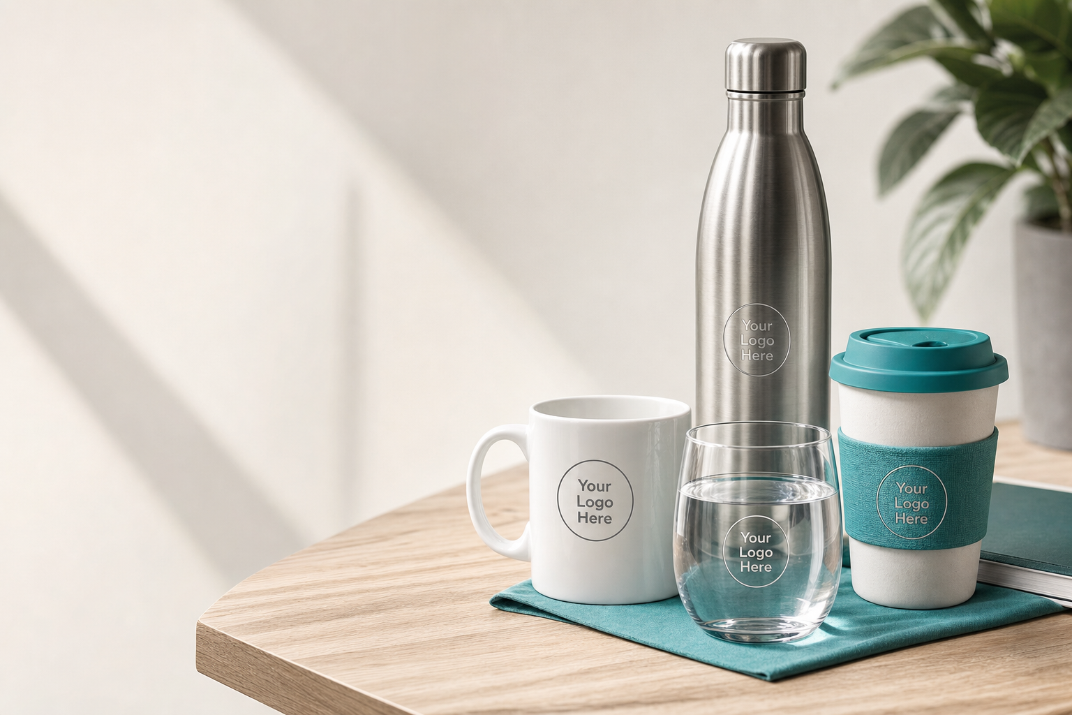 Selection of branded drinkware: insulated steel bottle, ceramic mug, glass tumbler and reusable takeaway cup arranged on a wooden surface.