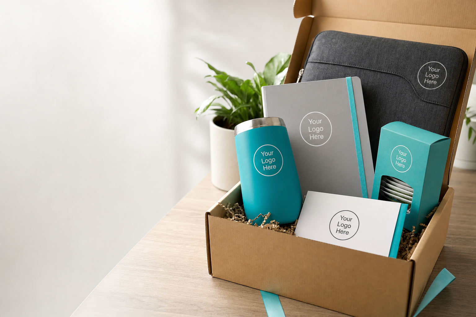 Open welcome box on desk containing insulated bottle, branded notebook, laptop sleeve, tea box and personalised welcome card