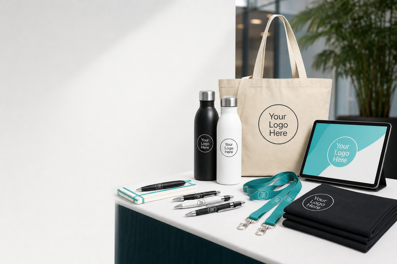 Exhibition stand table displaying branded pens, tote bags, reusable water bottles, lanyards and a tablet with event branding