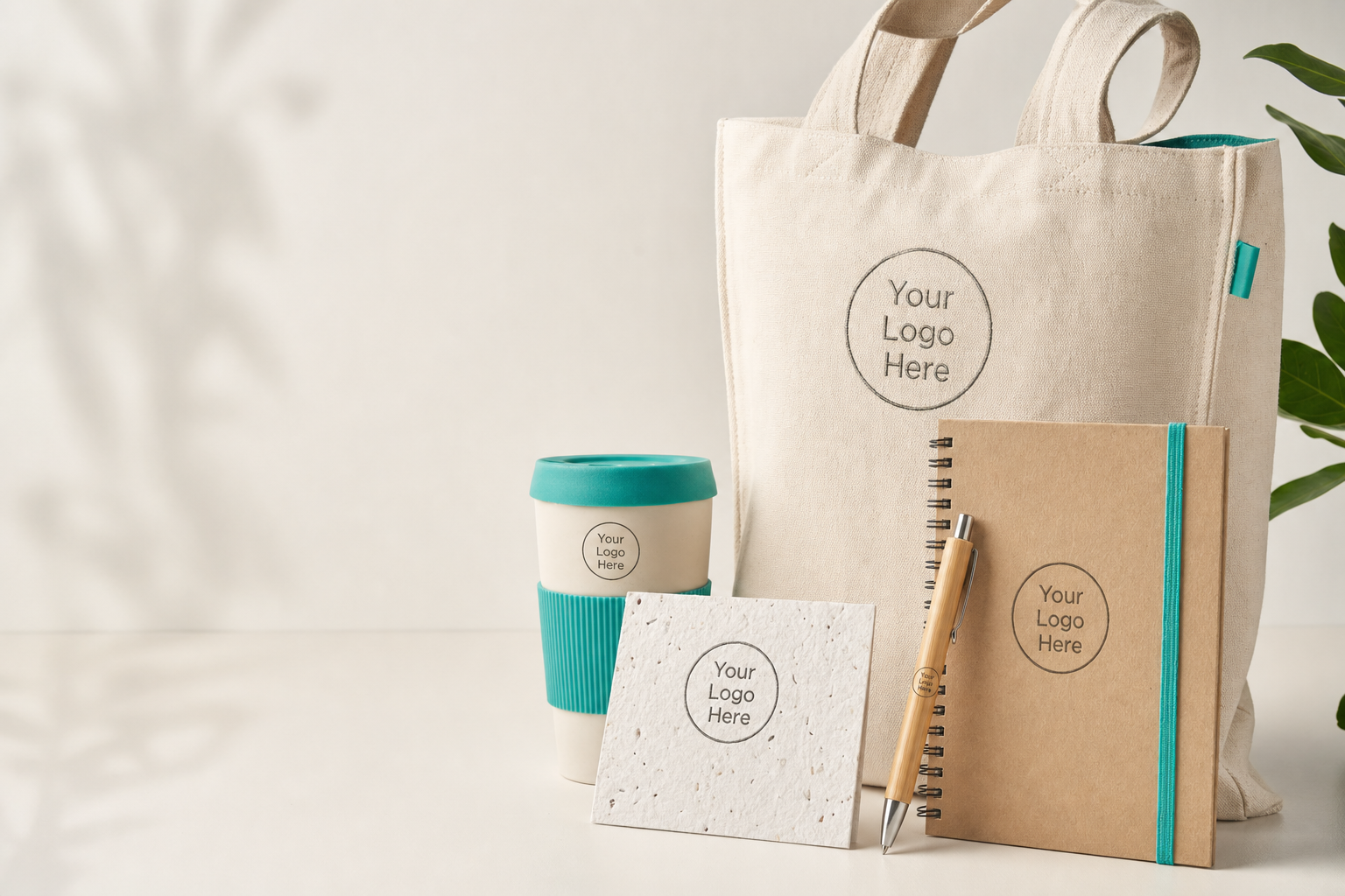 Selection of eco-friendly promotional items including a recycled tote bag, bamboo pen, kraft jotter and seed paper card arranged neatly with small branded logo samples.